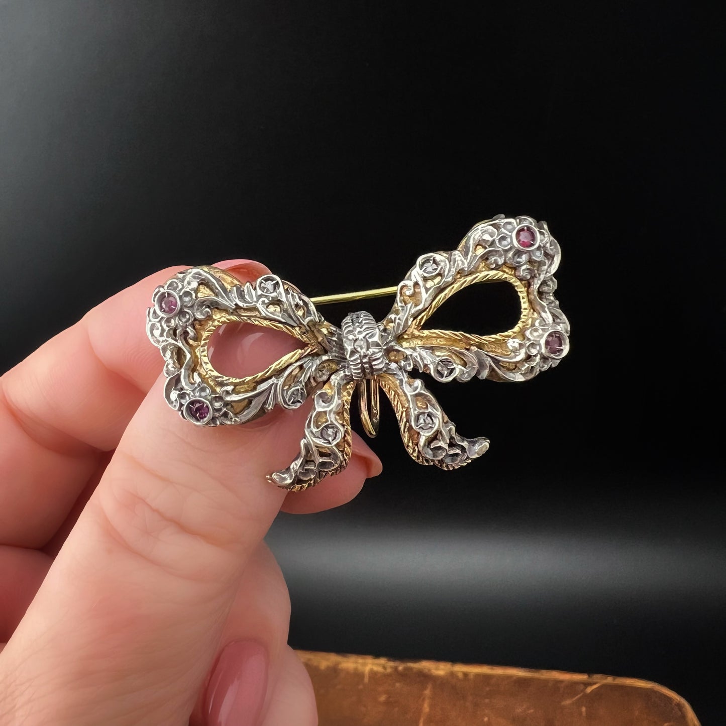 Bow Brooch with Watch Hook or Pendant - 18K Gold, Silver, Rubies, Diamonds