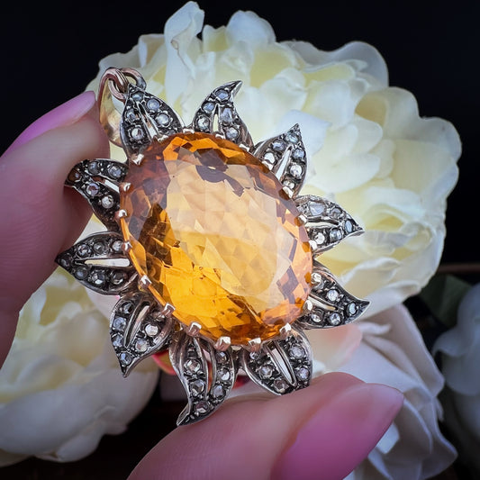 Grande Pendente Girasole Vintage in Oro, Argento con Citrino Madeira e diamanti