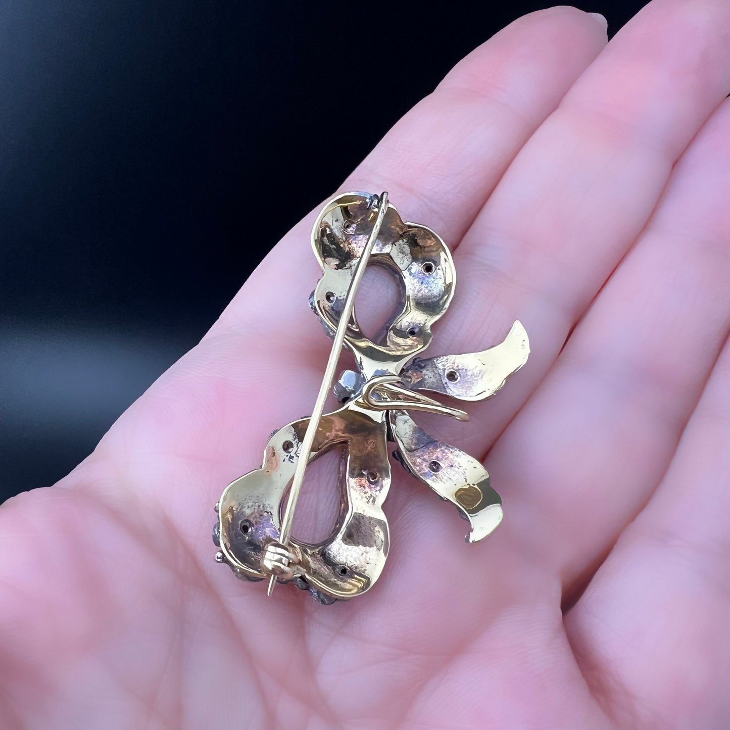 Bow Brooch with Watch Hook or Pendant - 18K Gold, Silver, Rubies, Diamonds