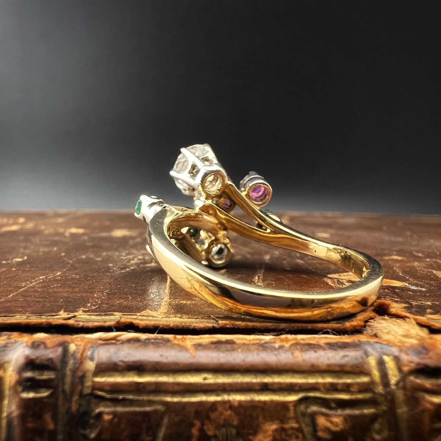 18K white, red, and green diamond, ruby, and emerald ring