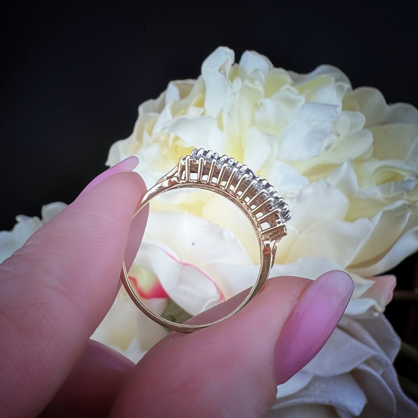 Anello vintage in oro giallo 9 ct con ametiste e diamanti – Birmingham, anni ’70
