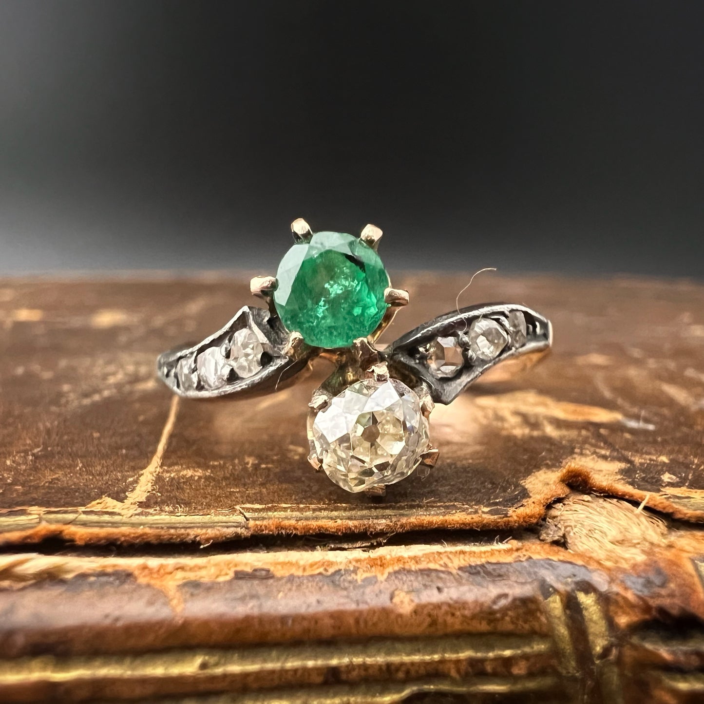 Toi et moi ring with 0.33 ct old mine diamond and emerald in 14 ct gold