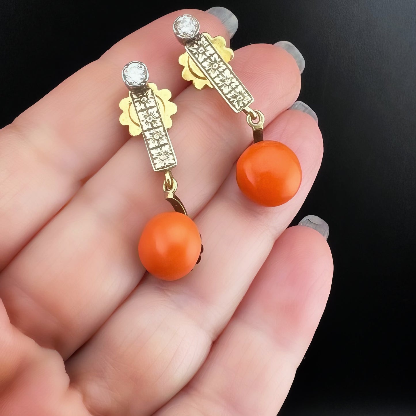 Art Deco Diamond and Coral Earrings, 1930s