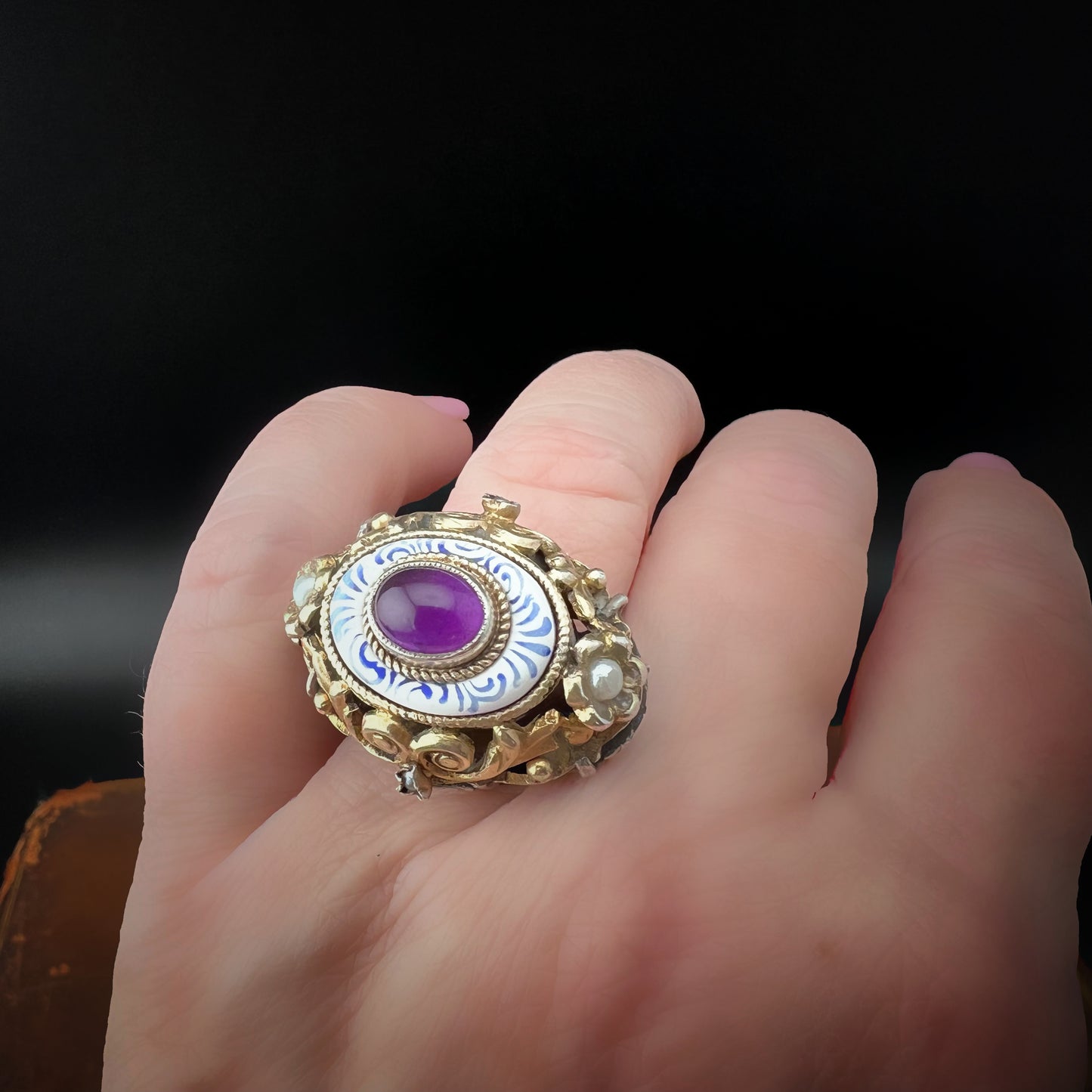 Antique Ring with Austro-Hungarian Brooch and Cabochon Amethyst in Gold-Plated Silver and Gold