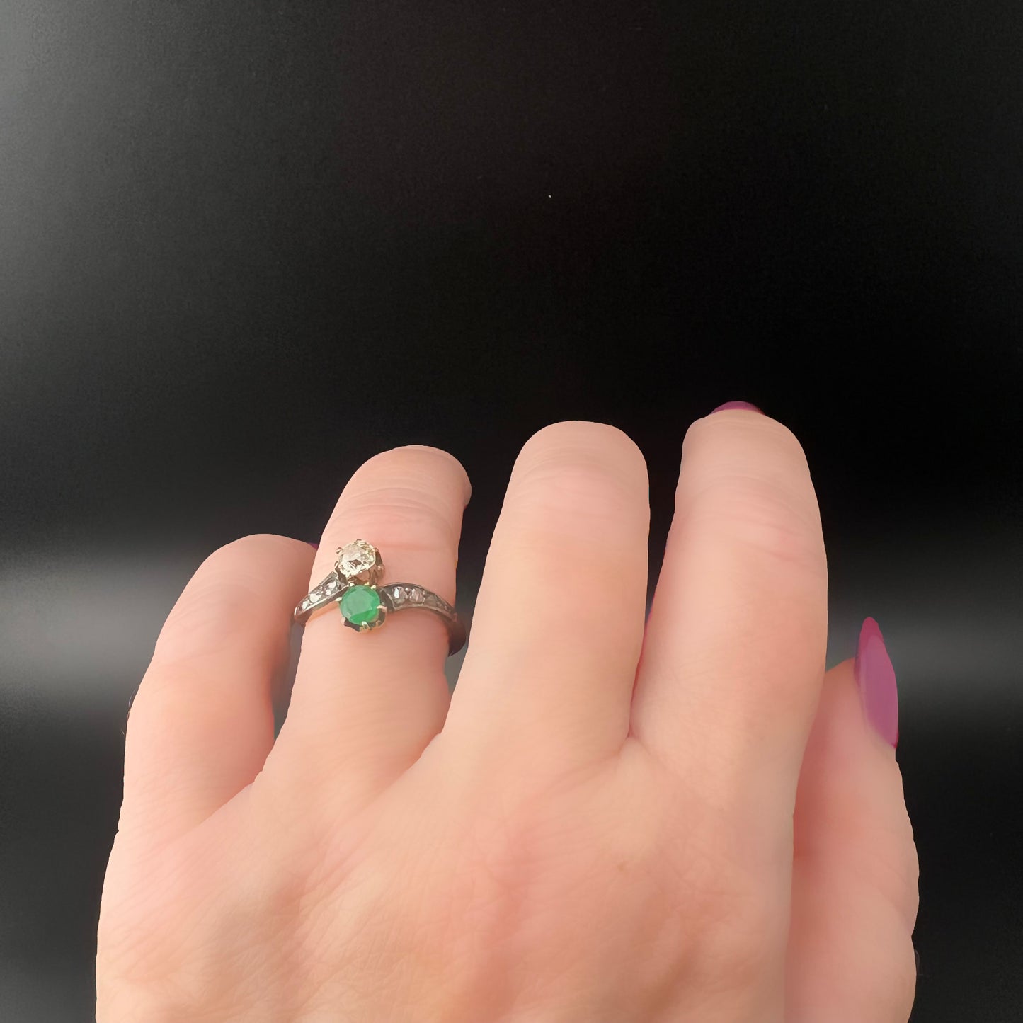 Toi et moi ring with 0.33 ct old mine diamond and emerald in 14 ct gold