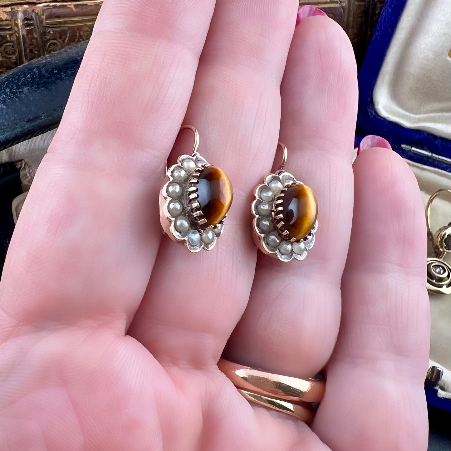 Antique gold earrings with tiger's eye and pearls