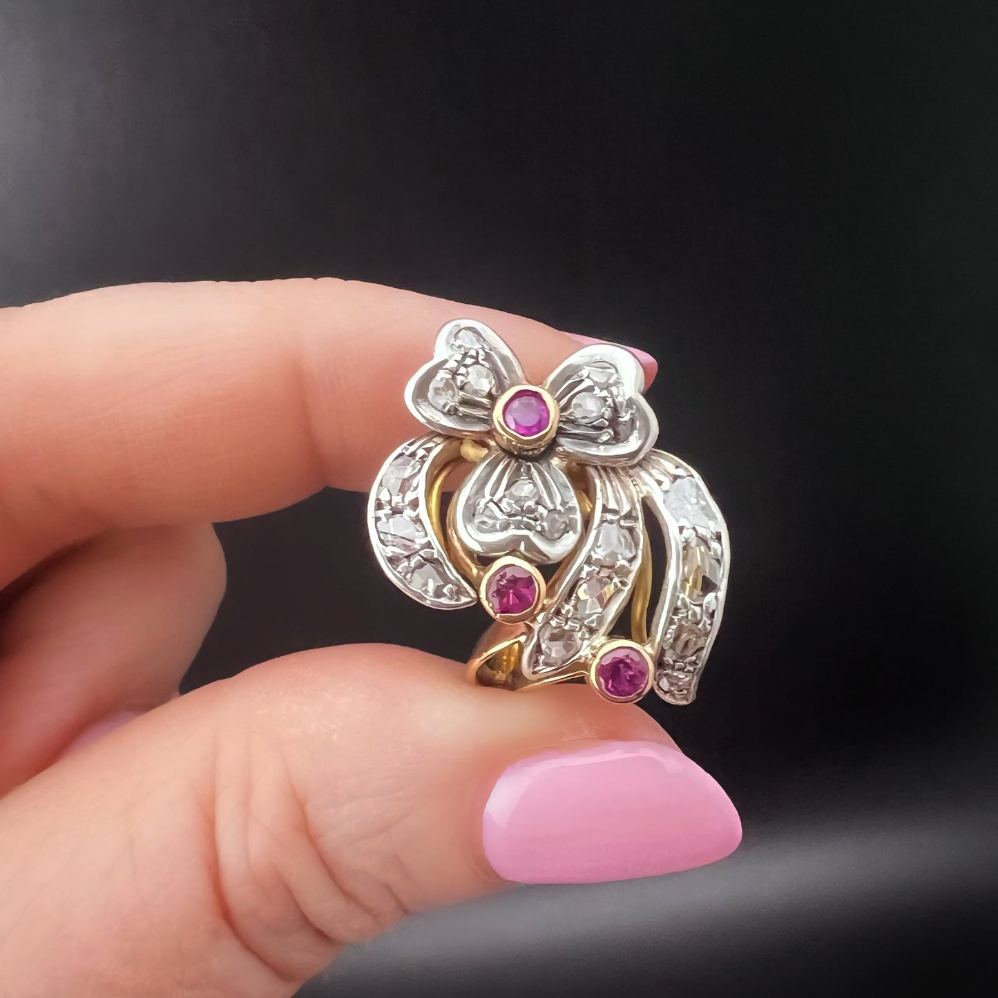 18K gold, silver, diamond, and ruby ring