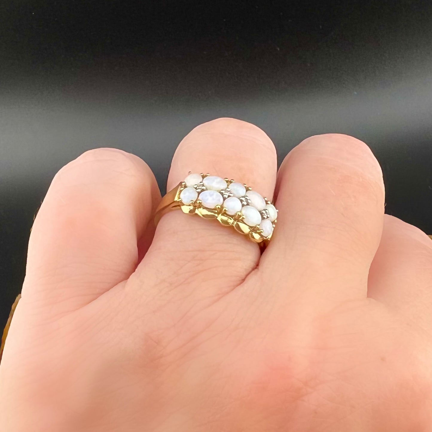 9ct yellow gold ring with opals and diamonds