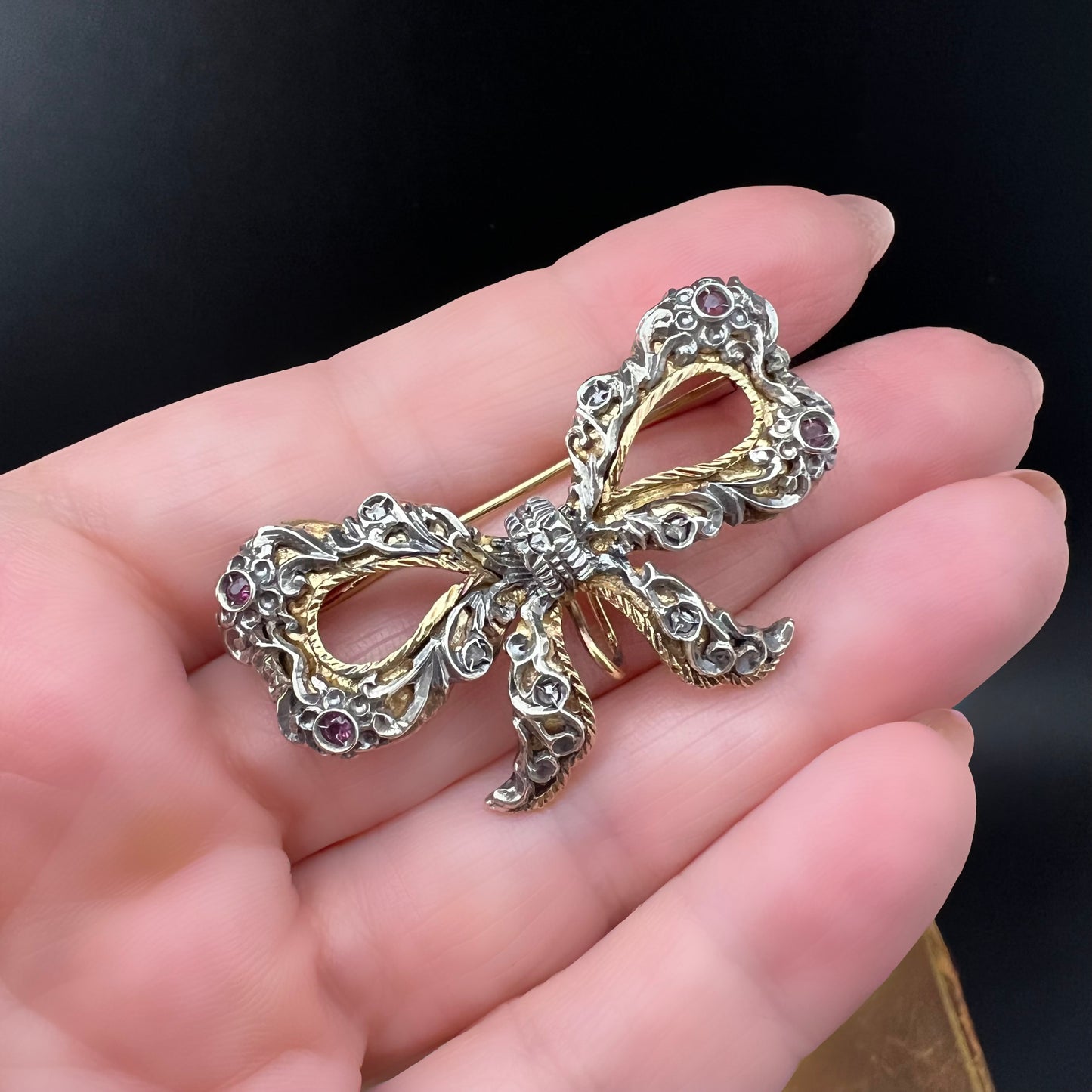 Bow Brooch with Watch Hook or Pendant - 18K Gold, Silver, Rubies, Diamonds