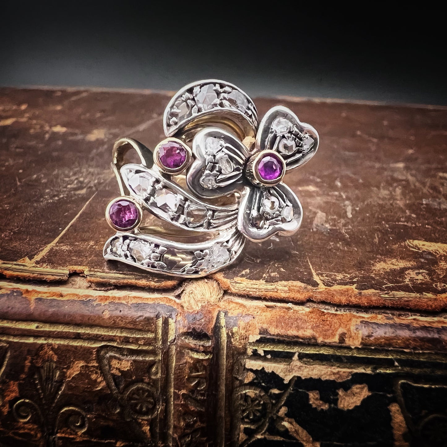 18K gold, silver, diamond, and ruby ring