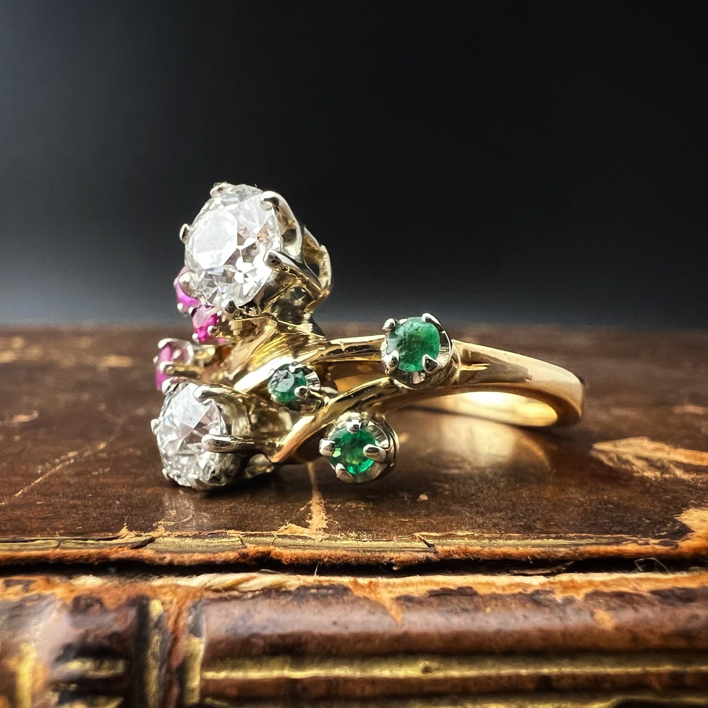 18K white, red, and green diamond, ruby, and emerald ring