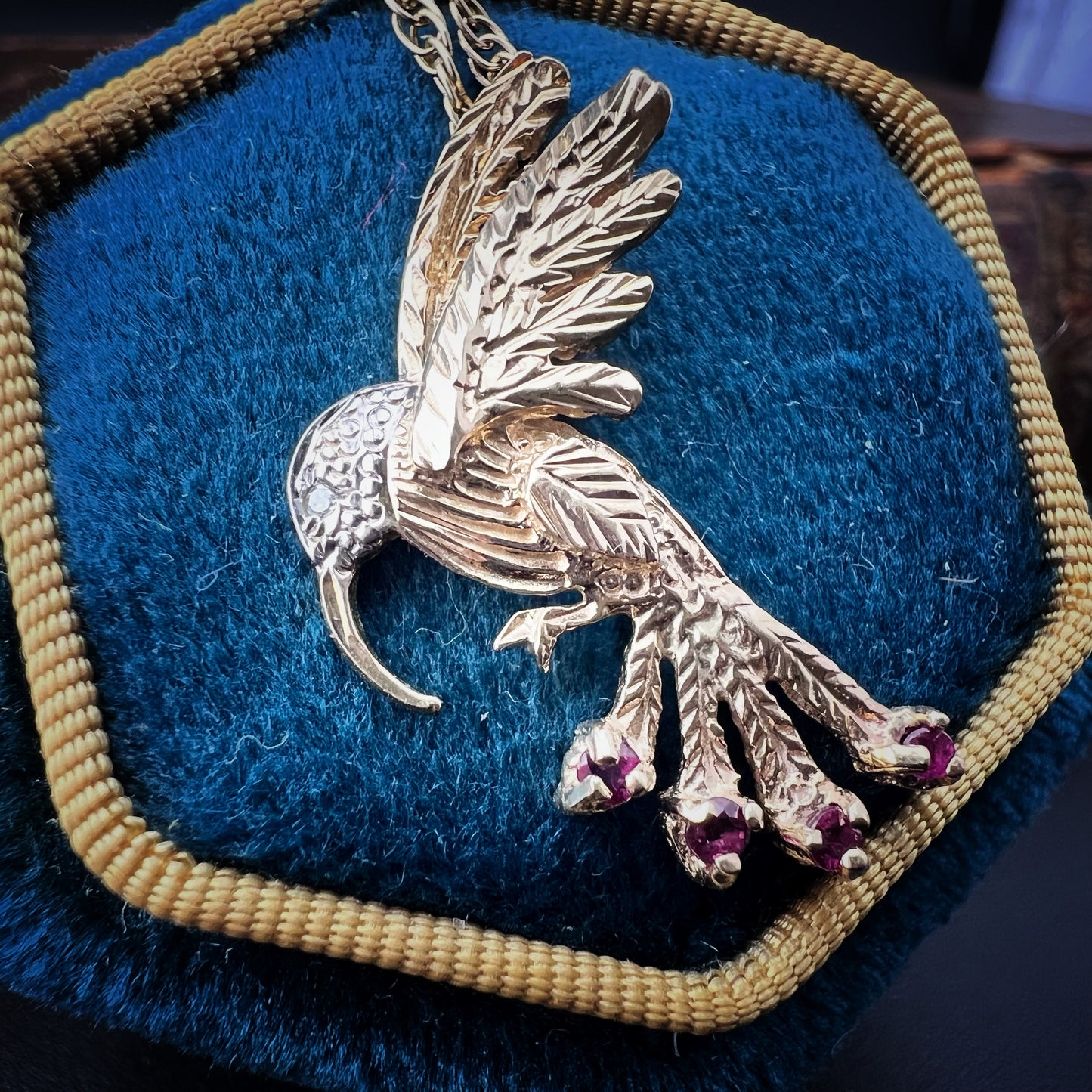 Vintage 9K Yellow Gold Hummingbird Pendant with Rubies and Diamonds