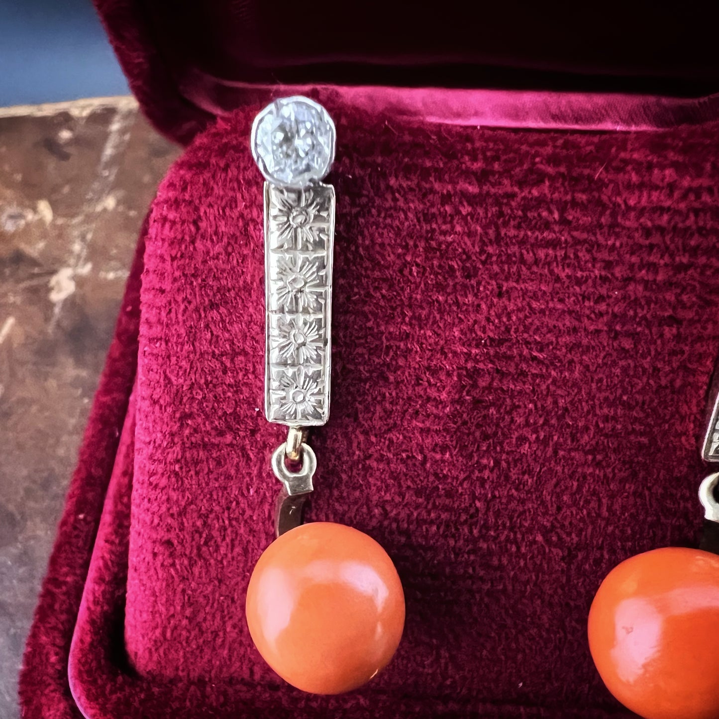 Art Deco Diamond and Coral Earrings, 1930s