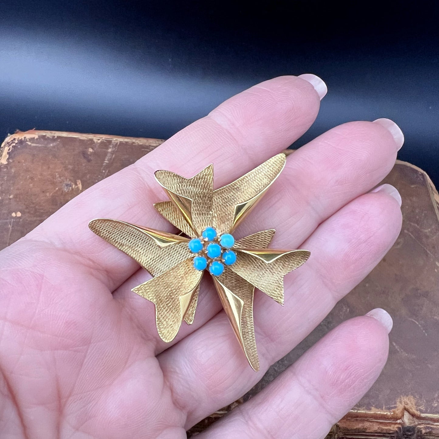 Spilla vintage in oro 18 ct con turchesi – Anni ‘40/‘50