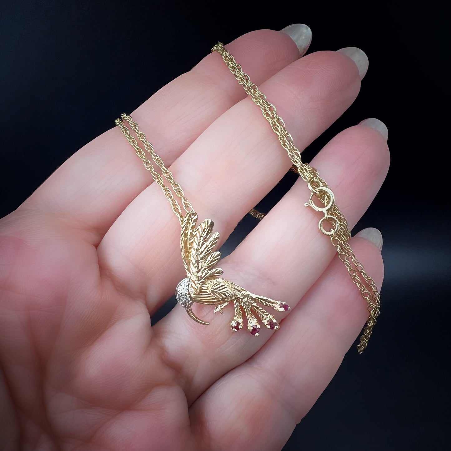 Vintage 9K Yellow Gold Hummingbird Pendant with Rubies and Diamonds