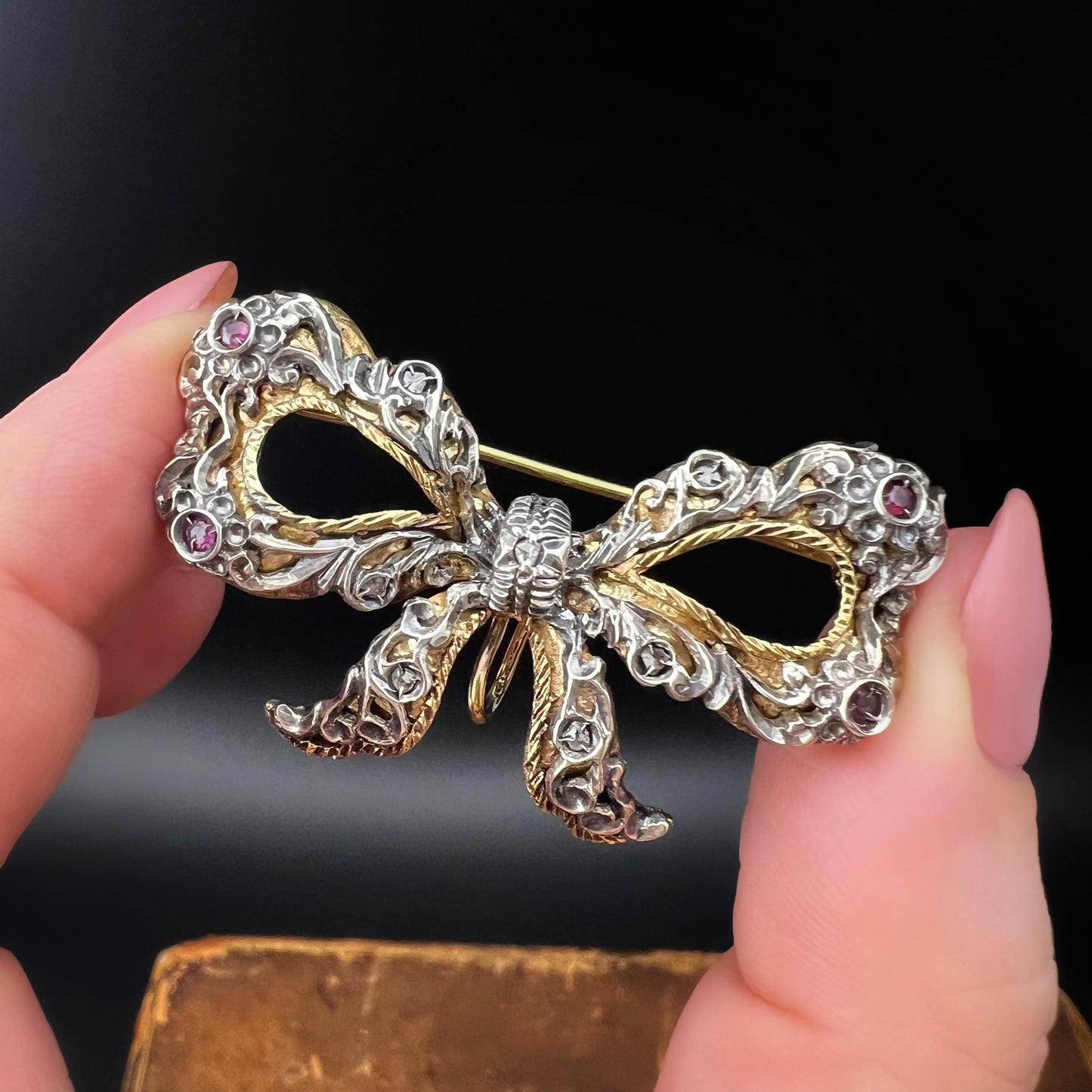 Bow Brooch with Watch Hook or Pendant - 18K Gold, Silver, Rubies, Diamonds