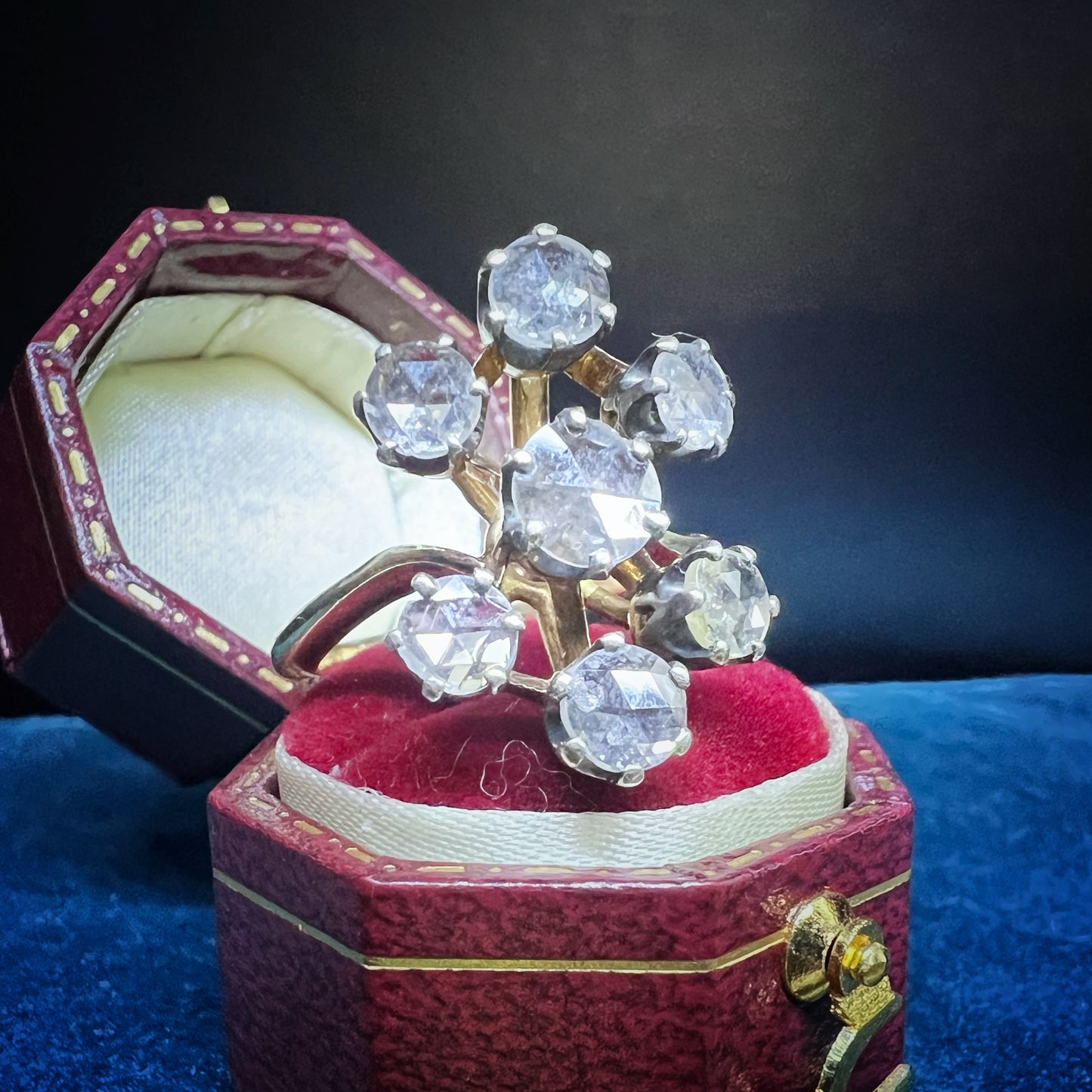 Antique 18K Yellow Gold and Silver Ring with Rose-Cut Diamonds