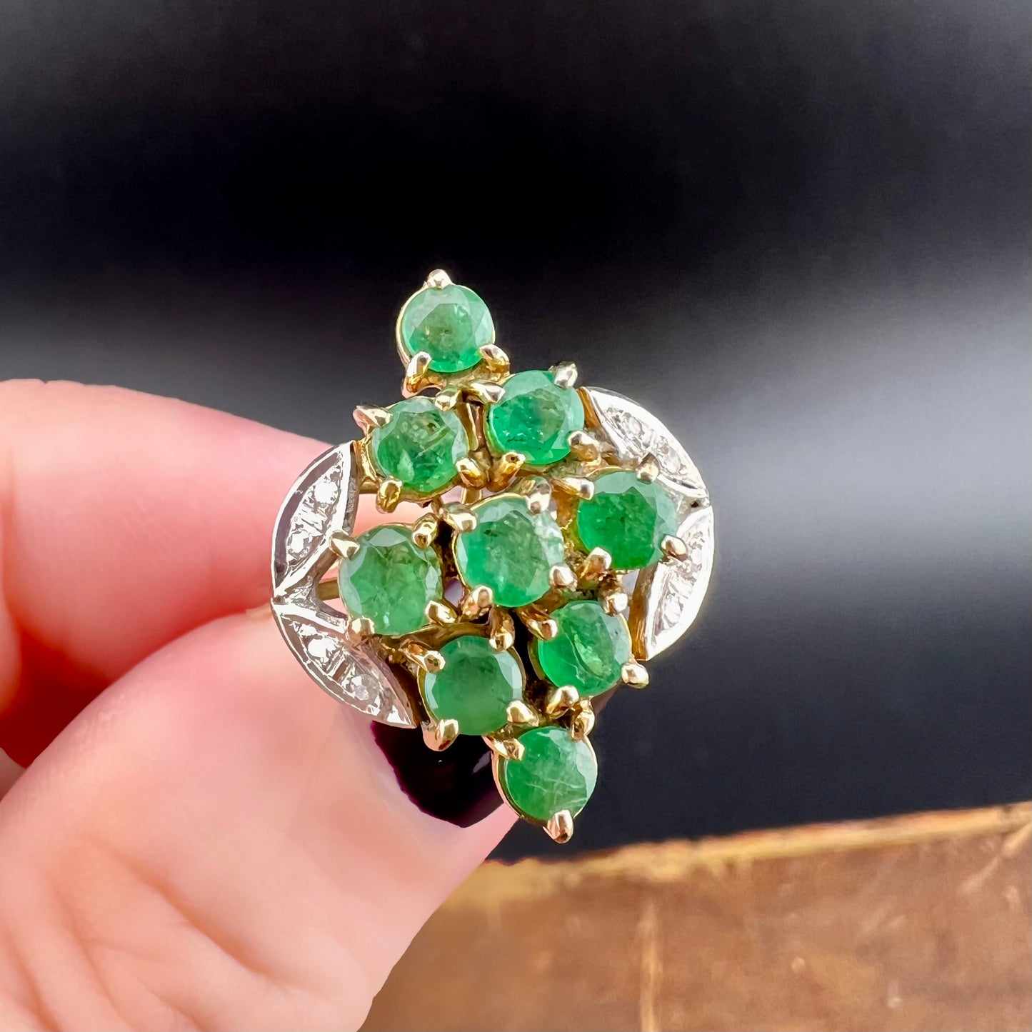 14K gold emerald and diamond ring