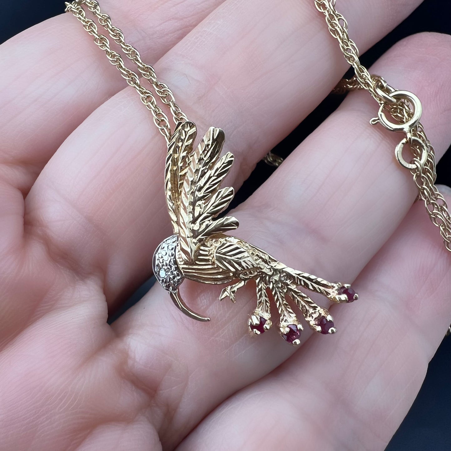 Vintage 9K Yellow Gold Hummingbird Pendant with Rubies and Diamonds