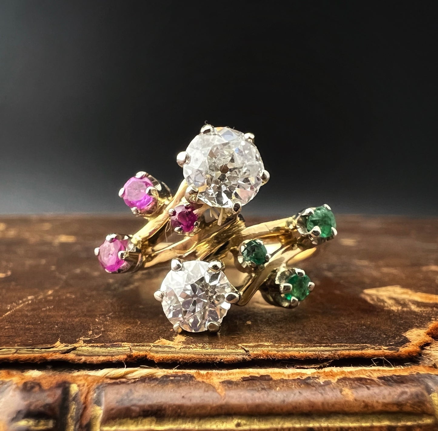 18K white, red, and green diamond, ruby, and emerald ring