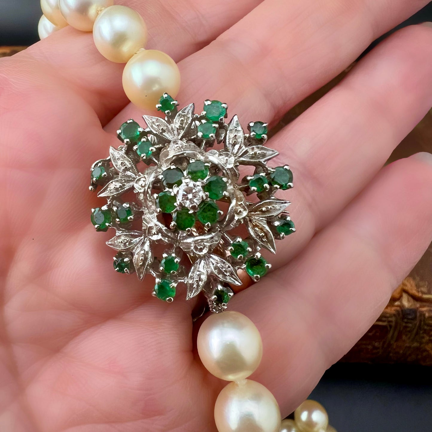 Pearl necklace, 82.5 cm, large 18 ct white gold clasp, emeralds, diamonds
