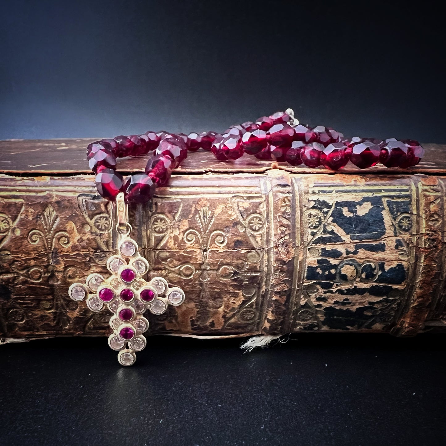 Vintage 18K Yellow Gold Cross Necklace with Rubies and White and Red Crystals
