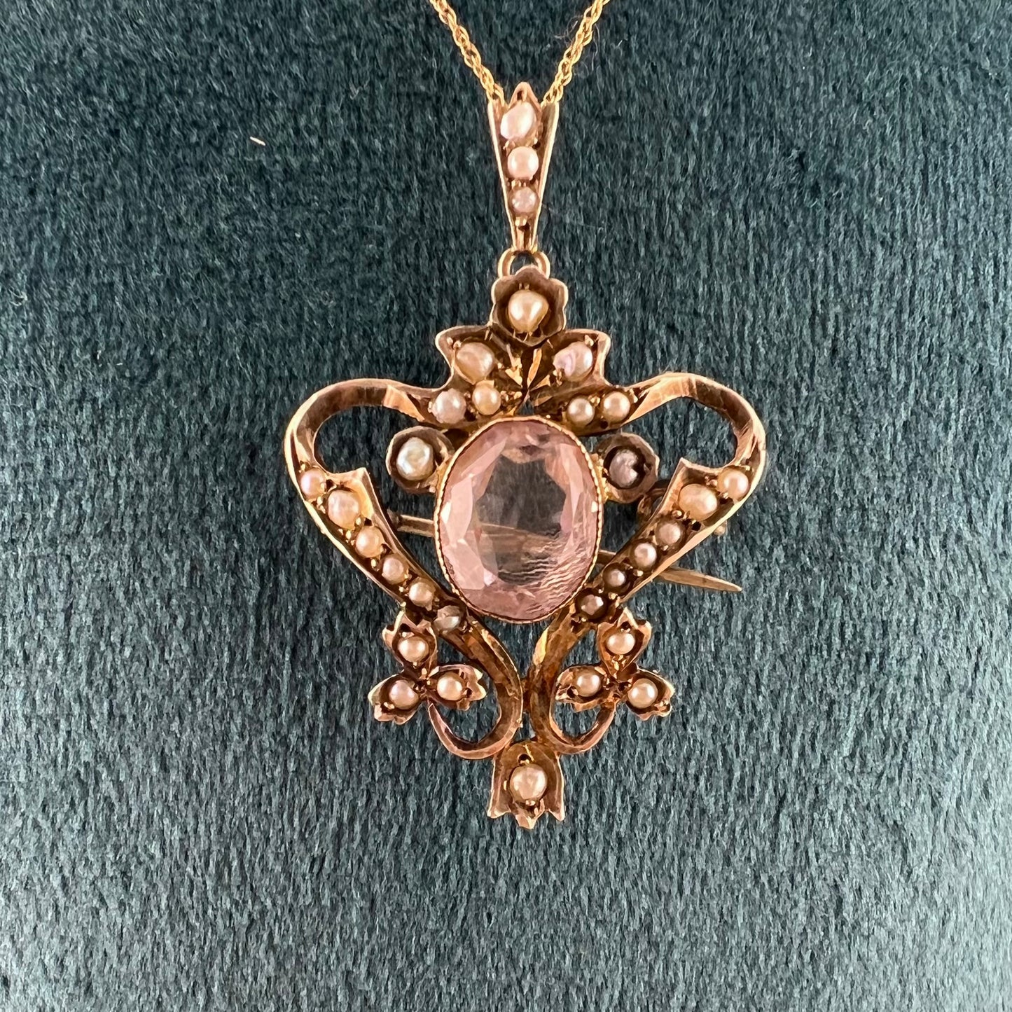 9ct gold lavalier brooch pendant with amethyst and pearls