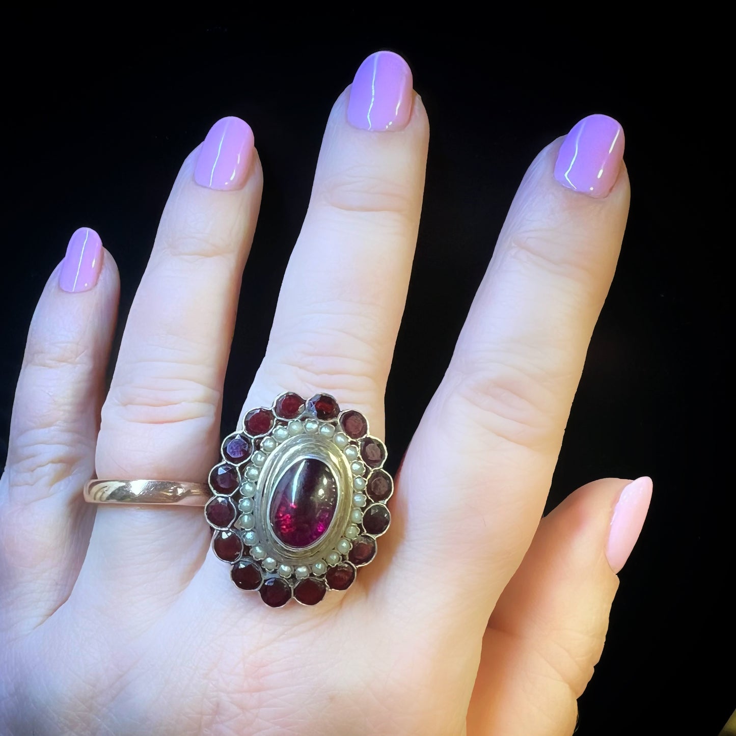 Gold locket ring with garnets and pearls, Italy, c. 1880