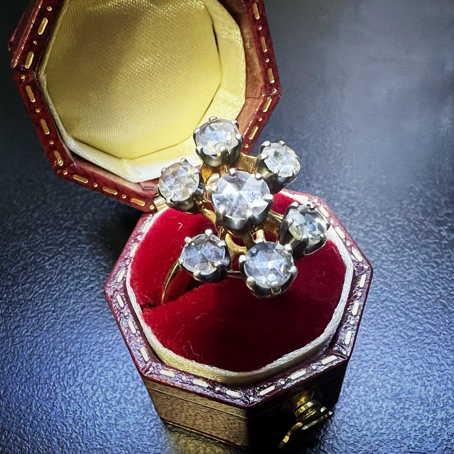 Antique 18K Yellow Gold and Silver Ring with Rose-Cut Diamonds