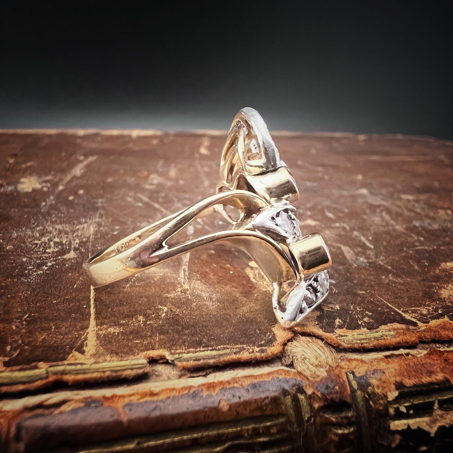 18K gold, silver, diamond, and ruby ring