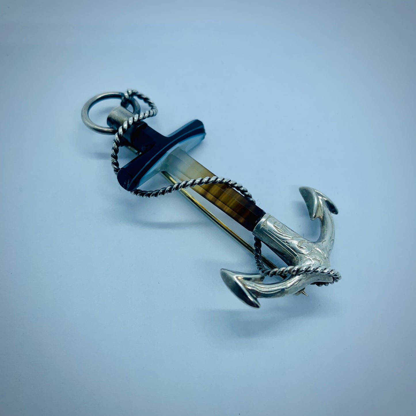 Antique Scottish anchor brooch with silver and agate top