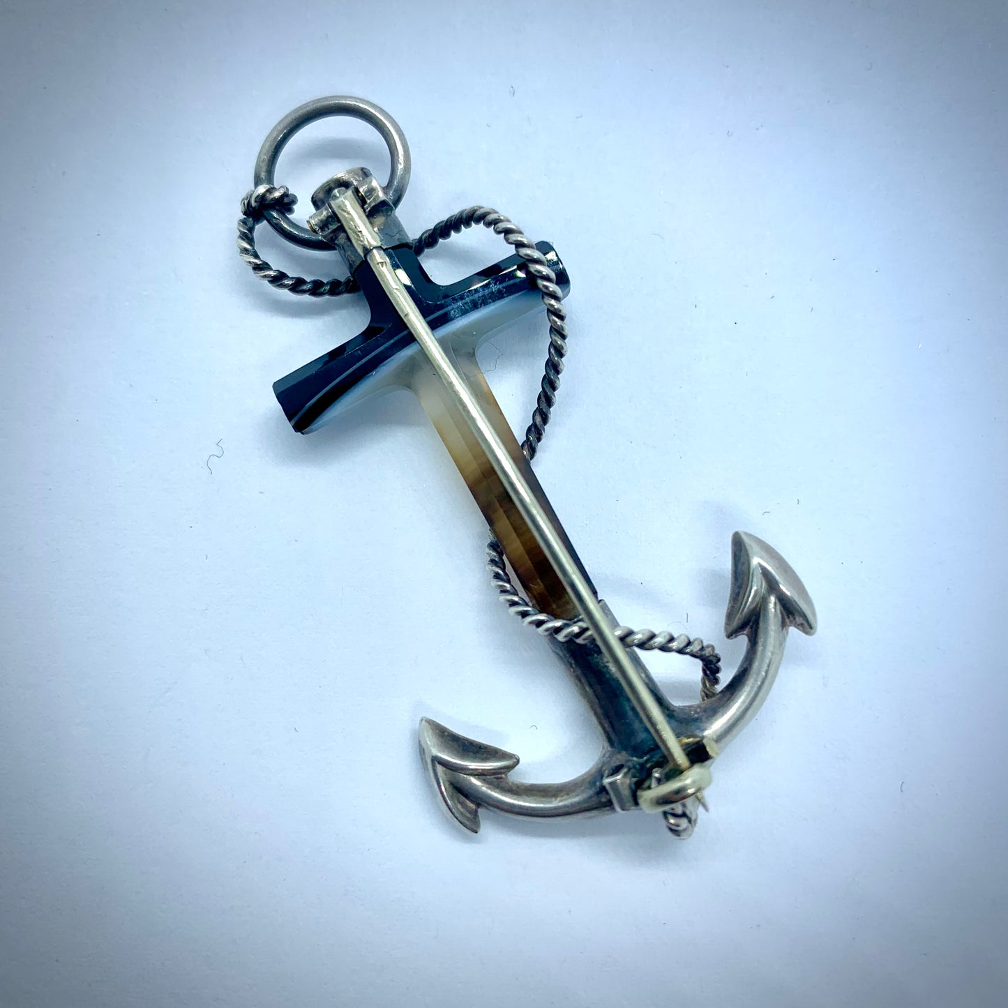 Antique Scottish anchor brooch with silver and agate top