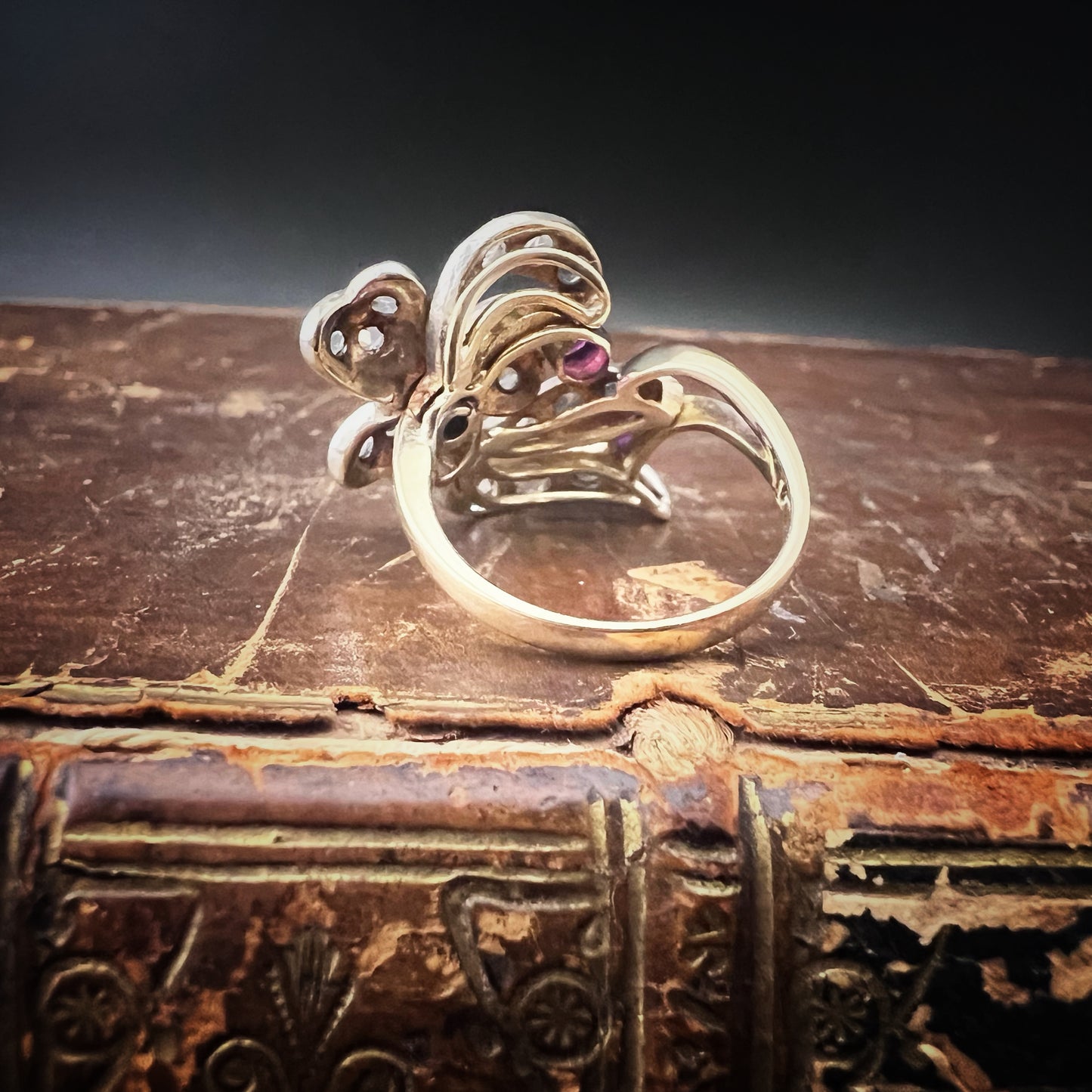 18K gold, silver, diamond, and ruby ring