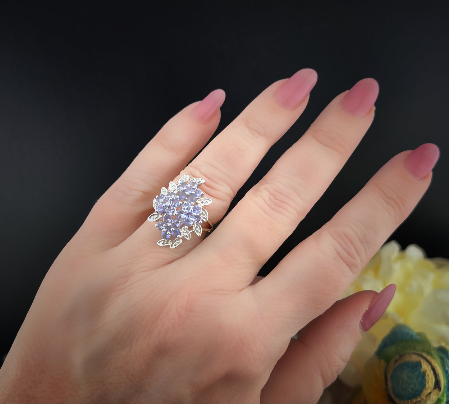 Cluster ring with tanzanites and diamonds