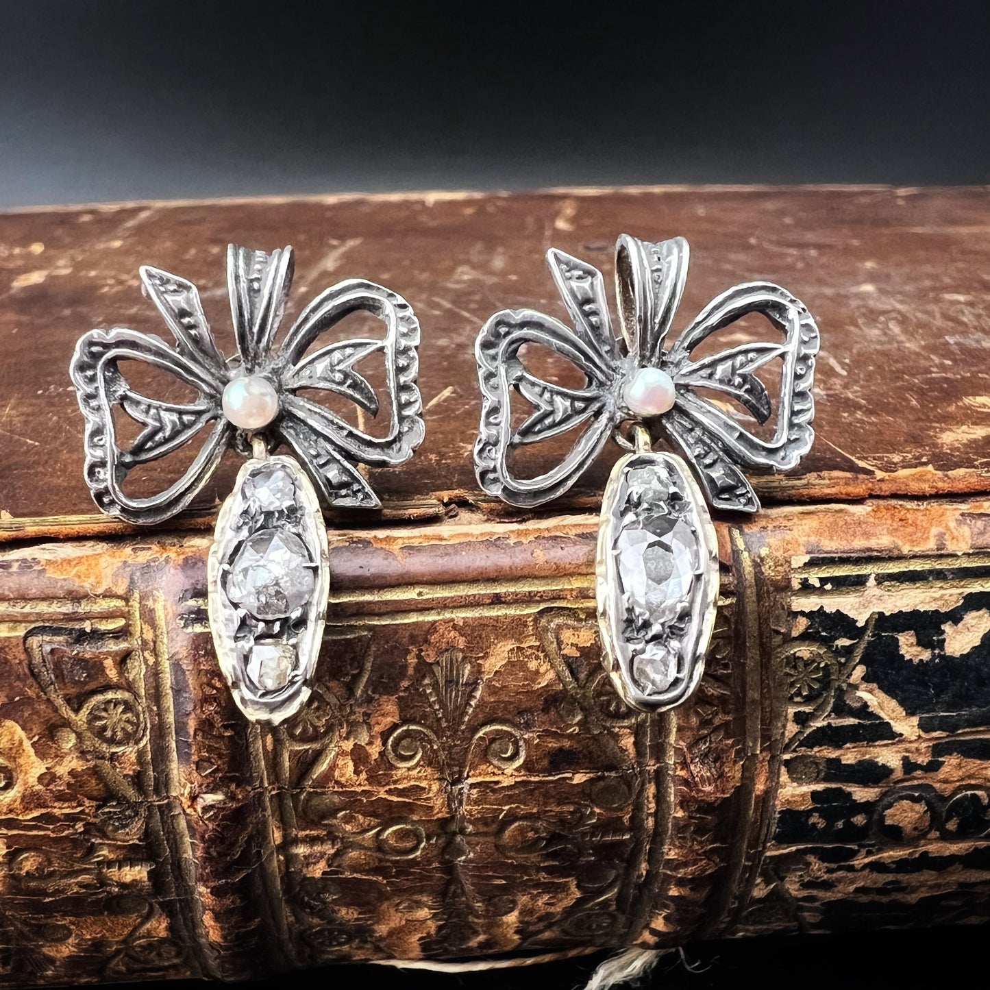 Early 1900s Rose Gold, Silver, Pearl, and Diamond Earrings