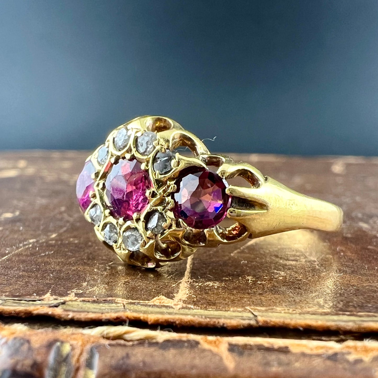 Victorian 18K gold rhodolite and rose cut diamond ring