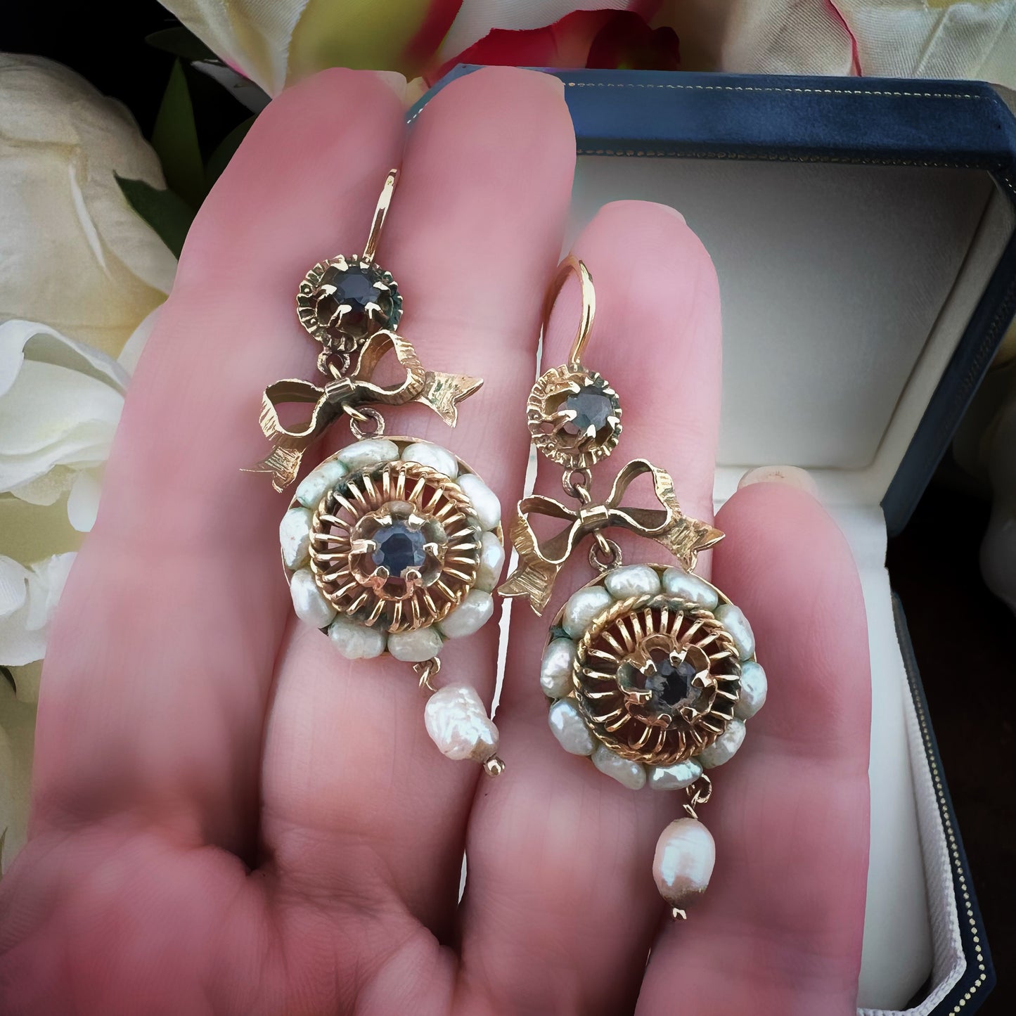 Antique Pair of 10kt Gold Earrings with Sapphires and Baroque Pearls – Late 19th Century