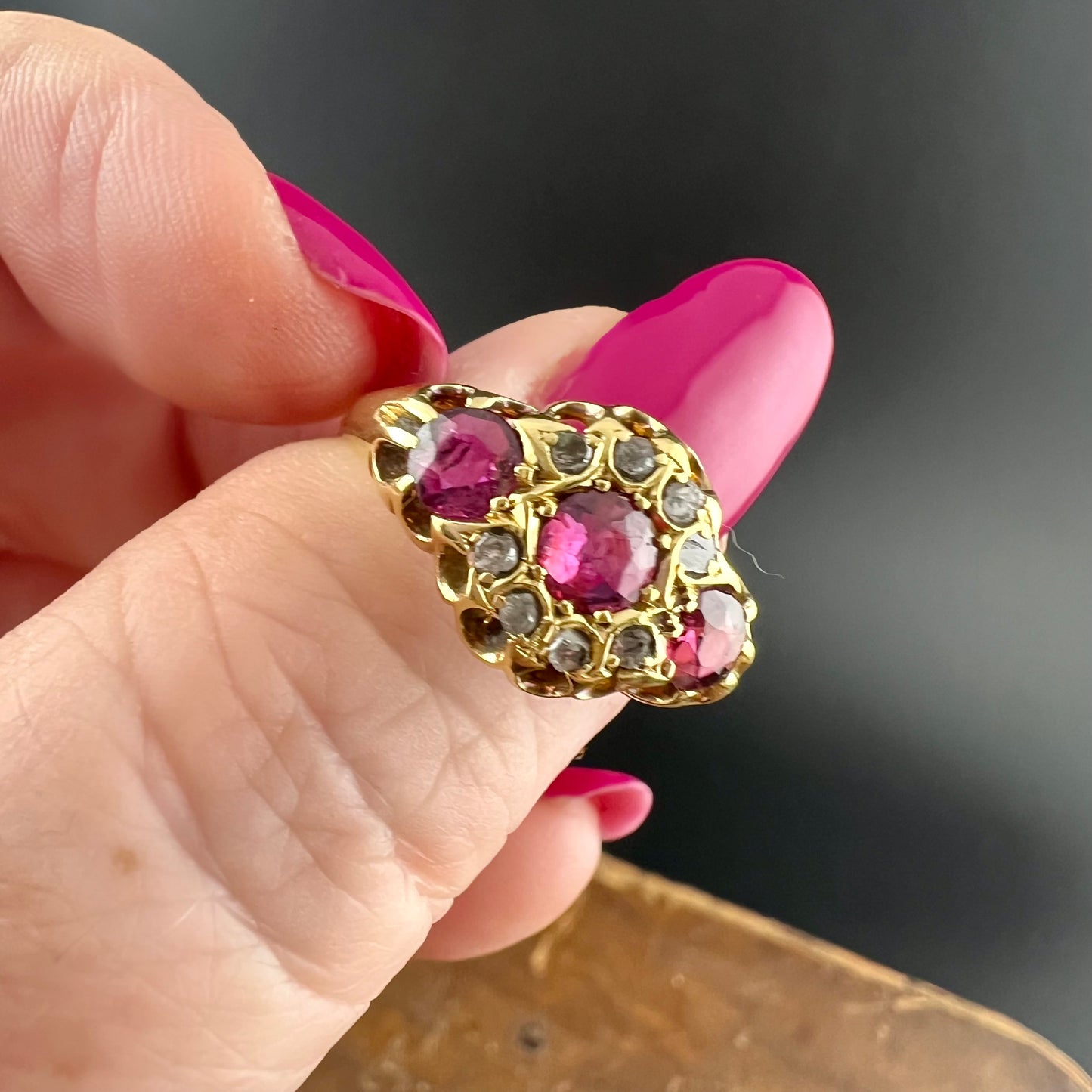 Victorian 18K gold rhodolite and rose cut diamond ring
