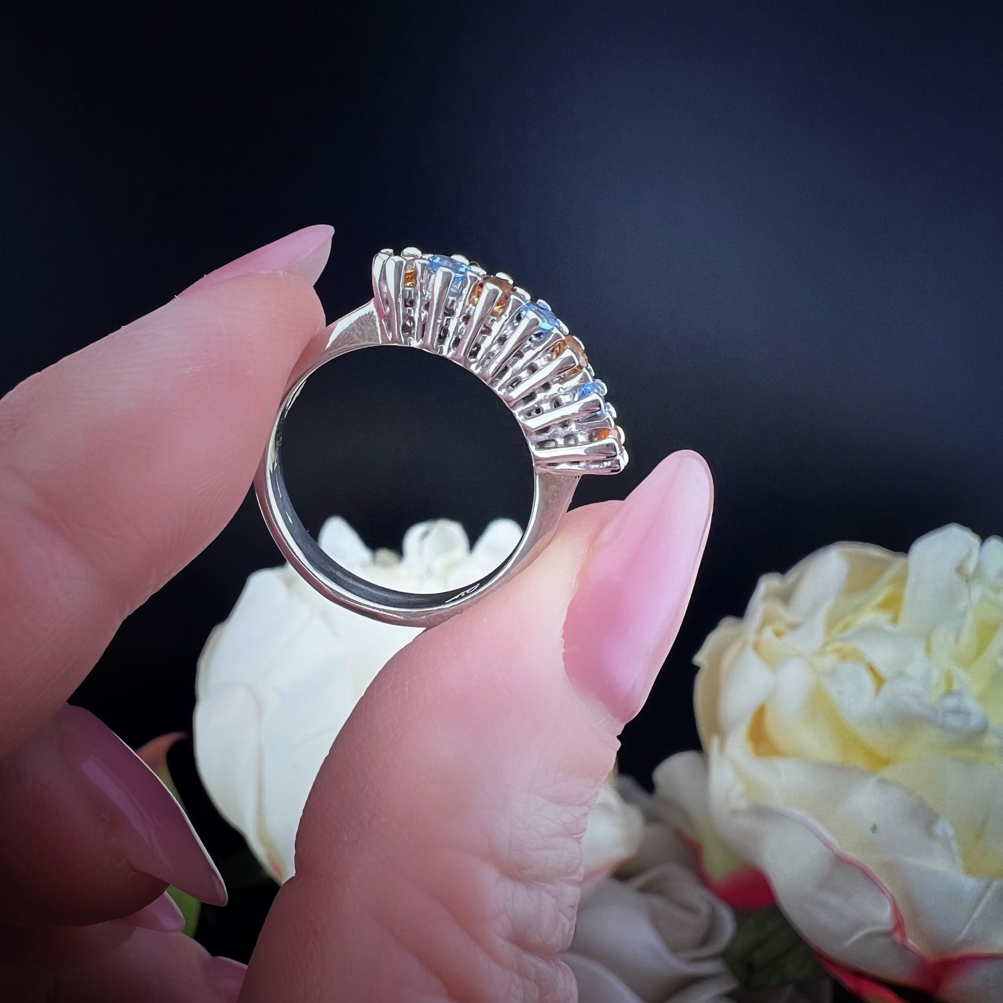 Vintage 18K Weißgold Ring mit blauem Topas und Madeira Citrin Quarz