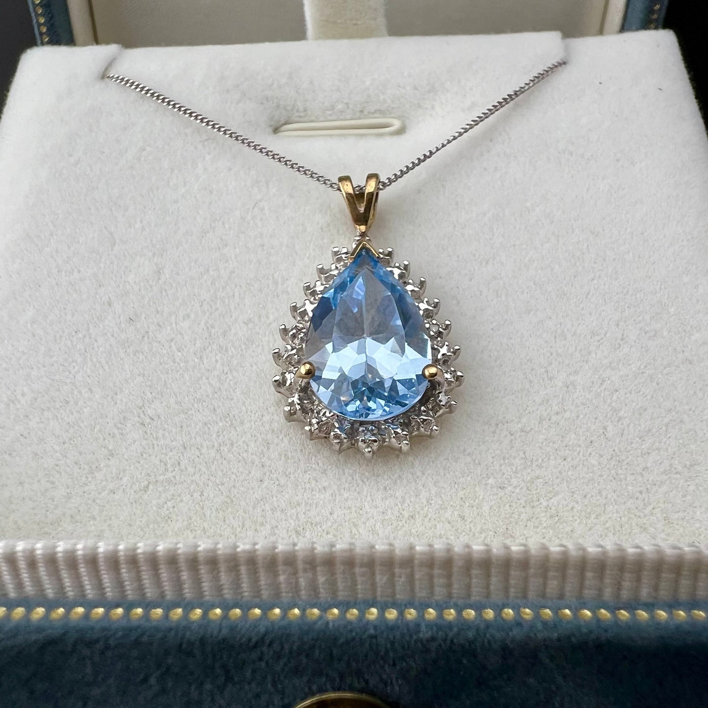 Blue topaz drop pendant with 4 small diamonds, 9ct gold
