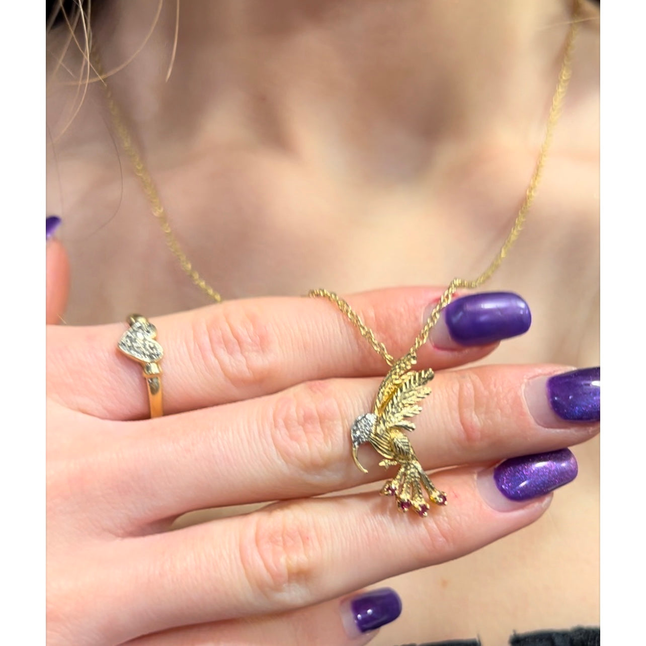 Vintage 9K Yellow Gold Hummingbird Pendant with Rubies and Diamonds