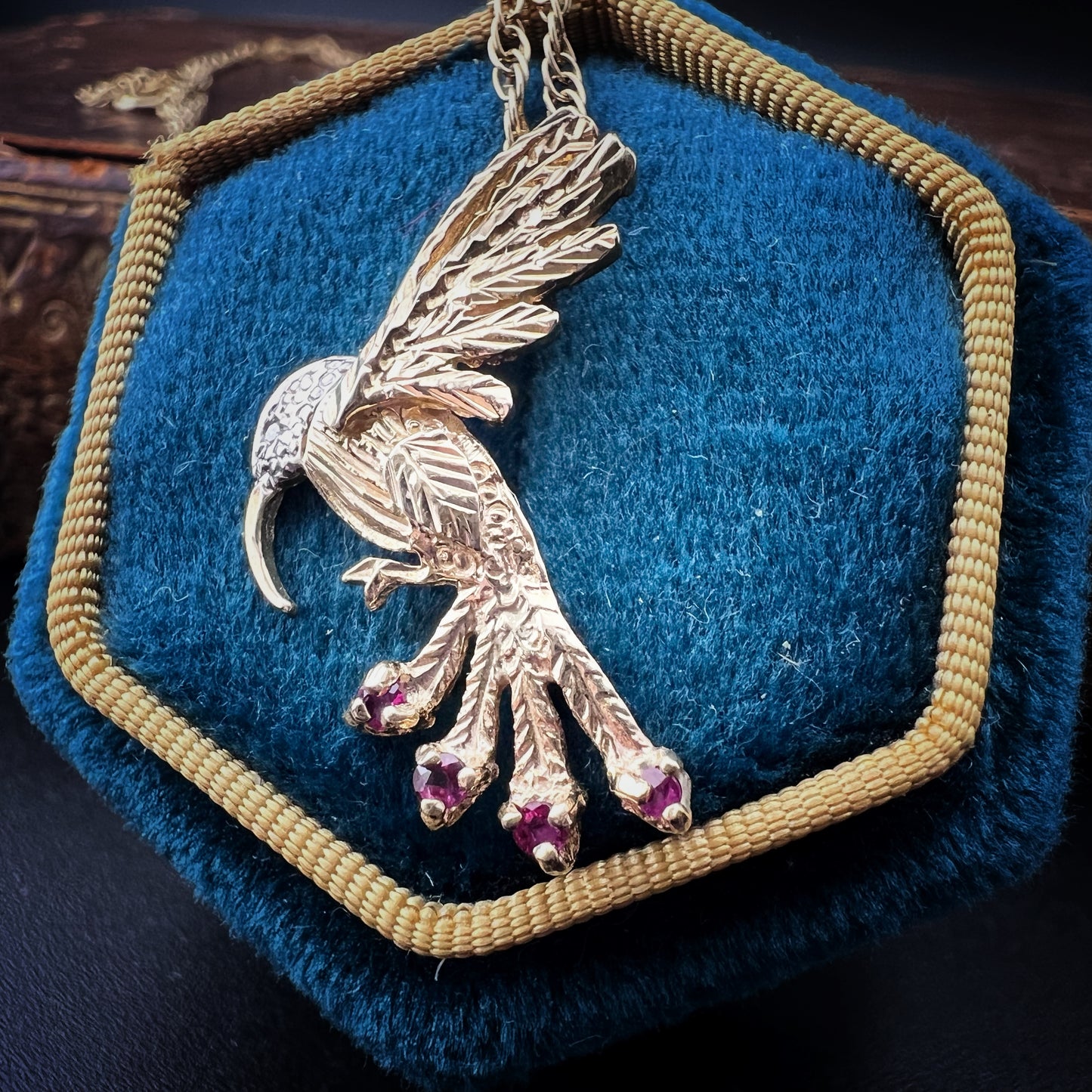 Vintage 9K Yellow Gold Hummingbird Pendant with Rubies and Diamonds