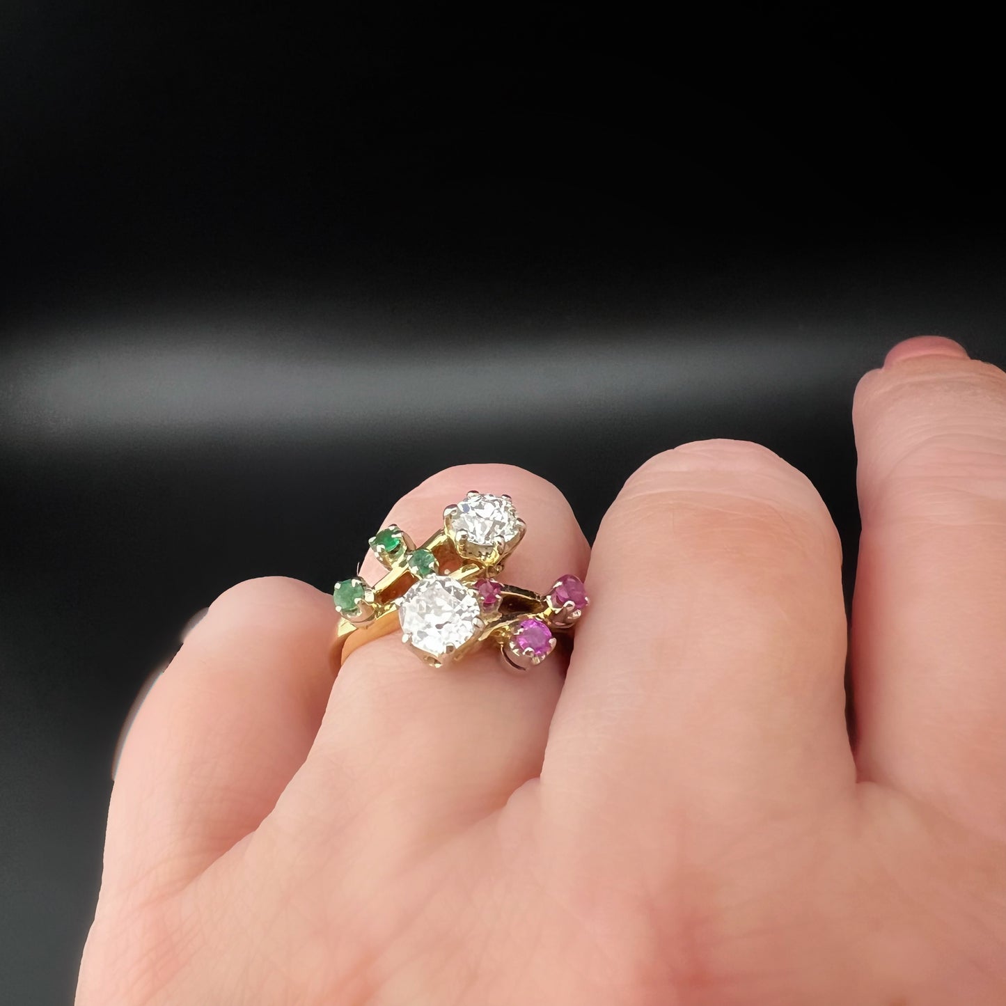 18K white, red, and green diamond, ruby, and emerald ring