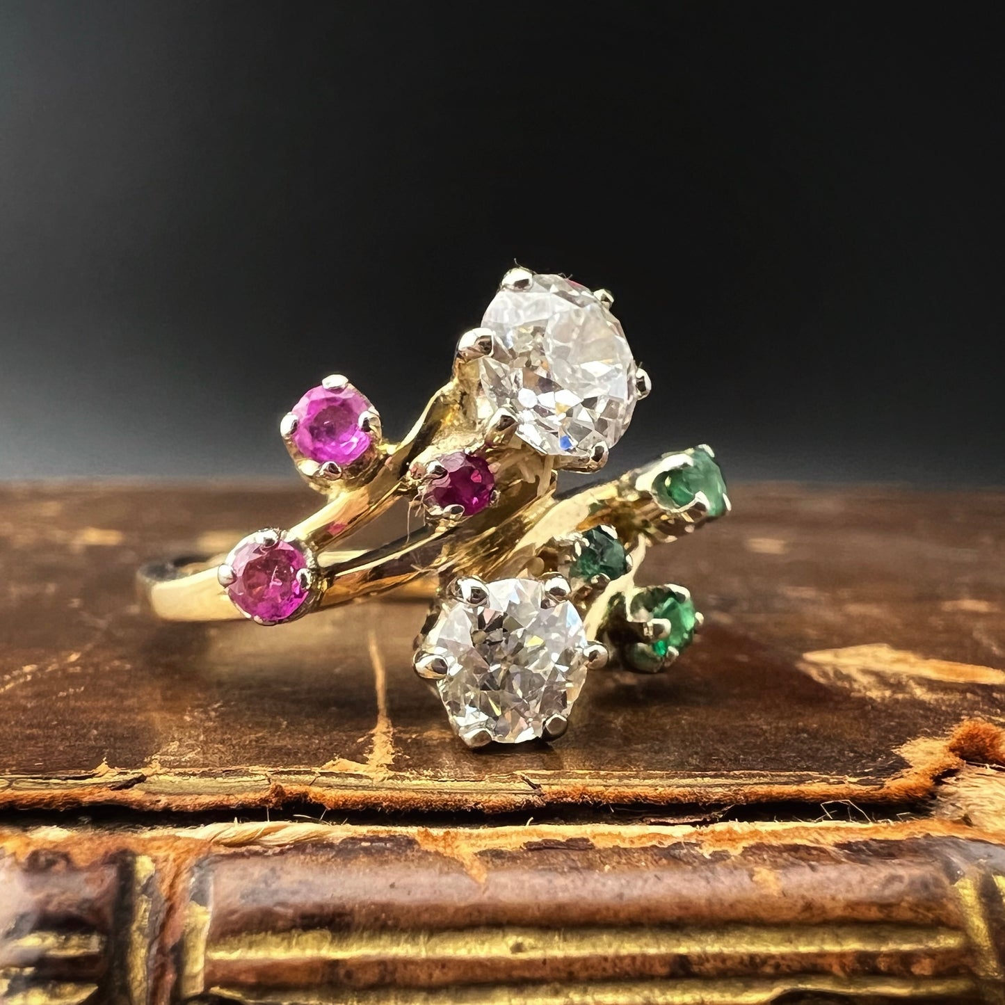 18K white, red, and green diamond, ruby, and emerald ring