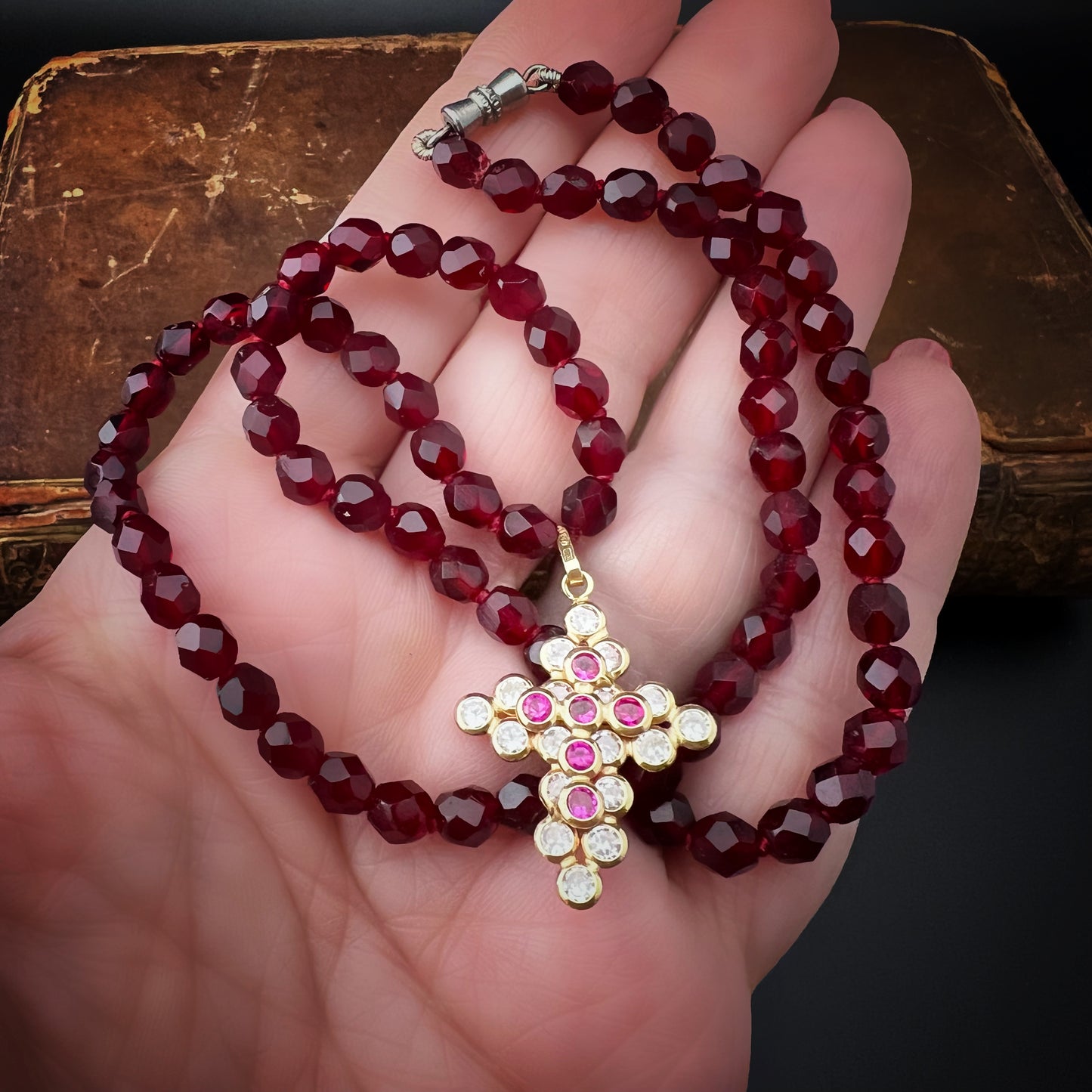 Vintage 18K Yellow Gold Cross Necklace with Rubies and White and Red Crystals