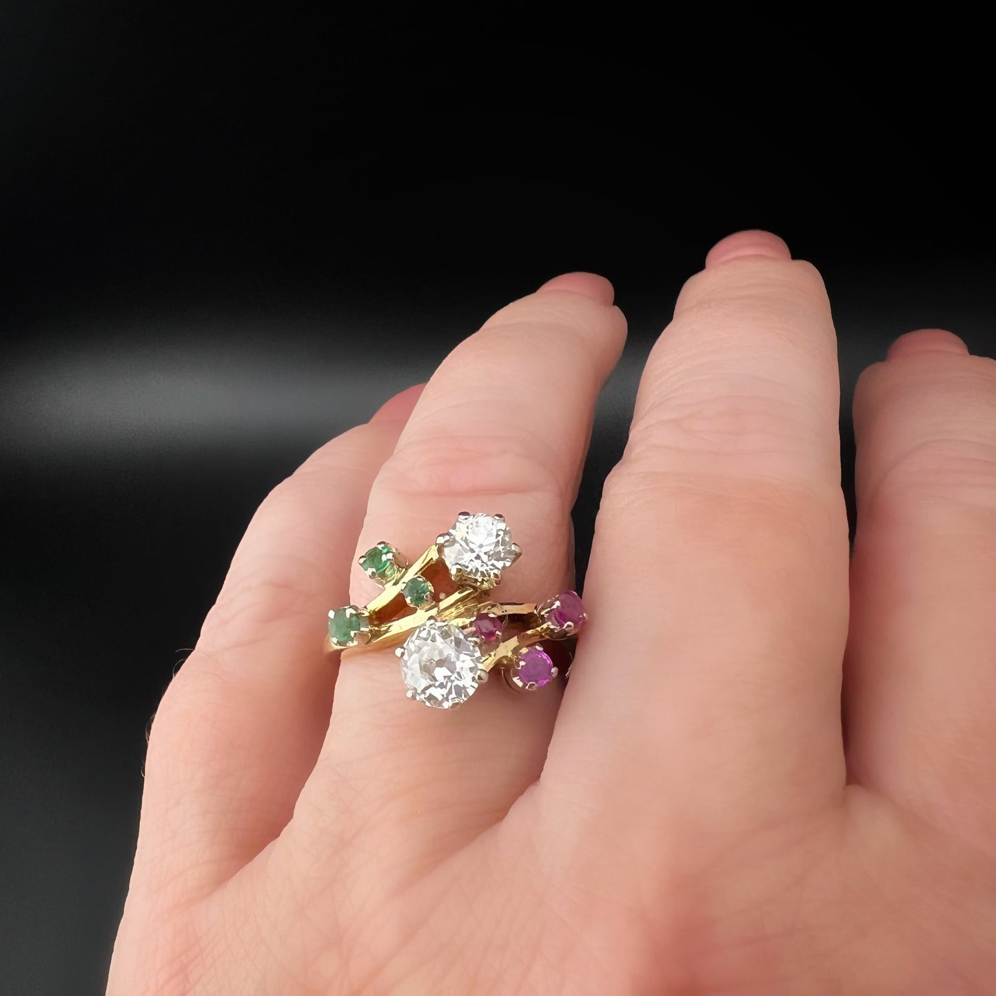 18K white, red, and green diamond, ruby, and emerald ring