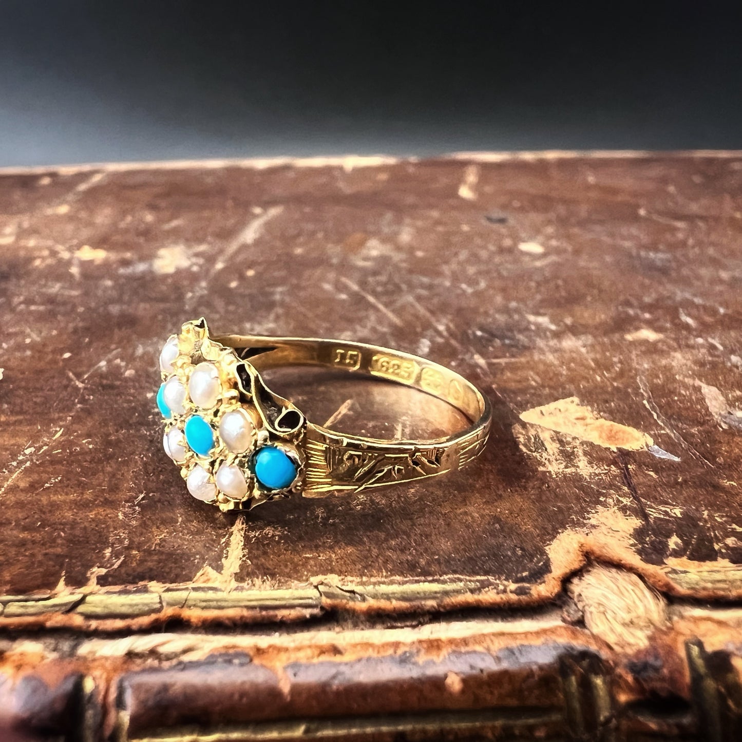 Antique Victorian 1878 15K gold beaded and turquoise ring