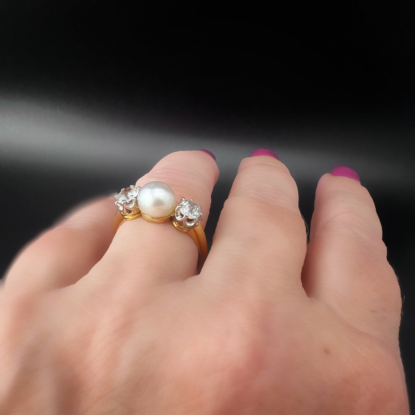 22ct gold ring with natural pearl and 1ct old mine diamonds