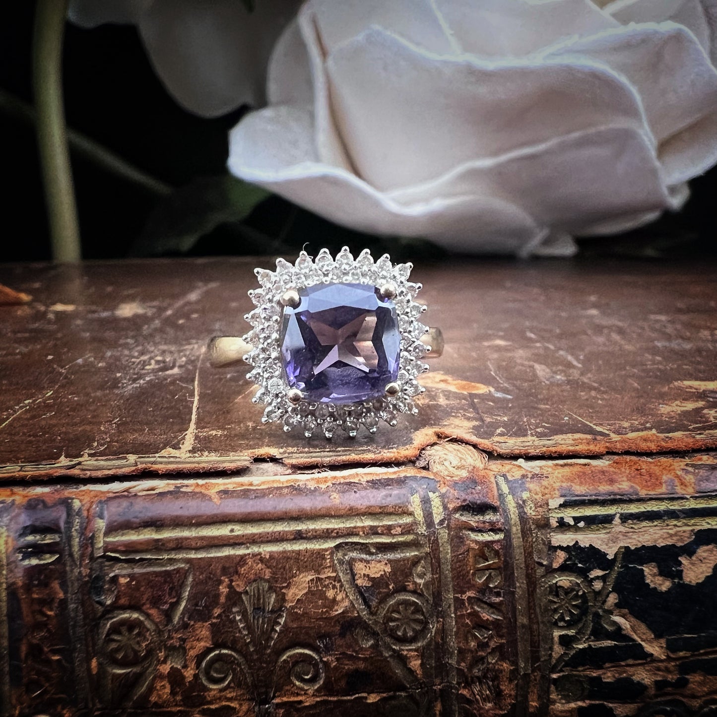 Cushion amethyst and diamond ring
