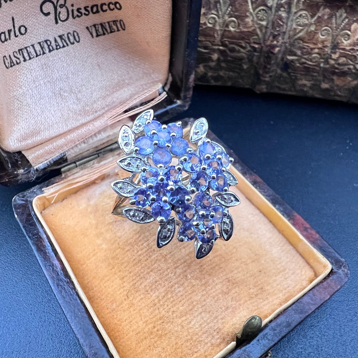 Cluster ring with tanzanites and diamonds